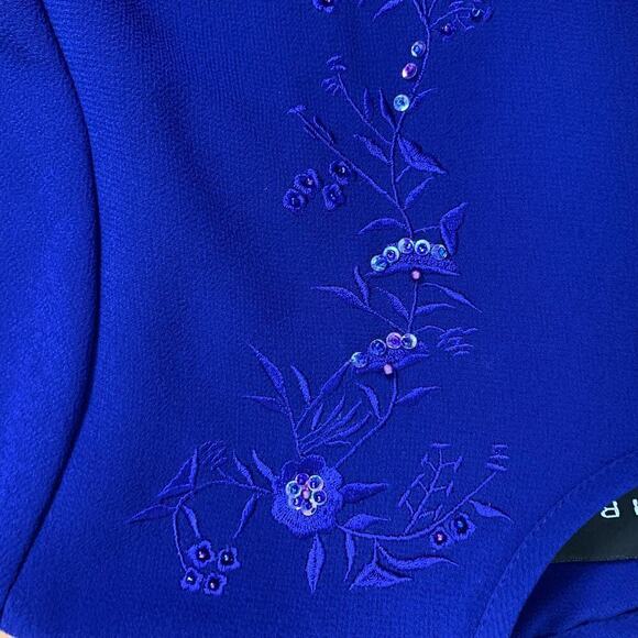 Virgo Blue Sheath Dress w Sheer Overlay, Floral  Embroidery & Sequins - Size 12 - Picture 6 of 10